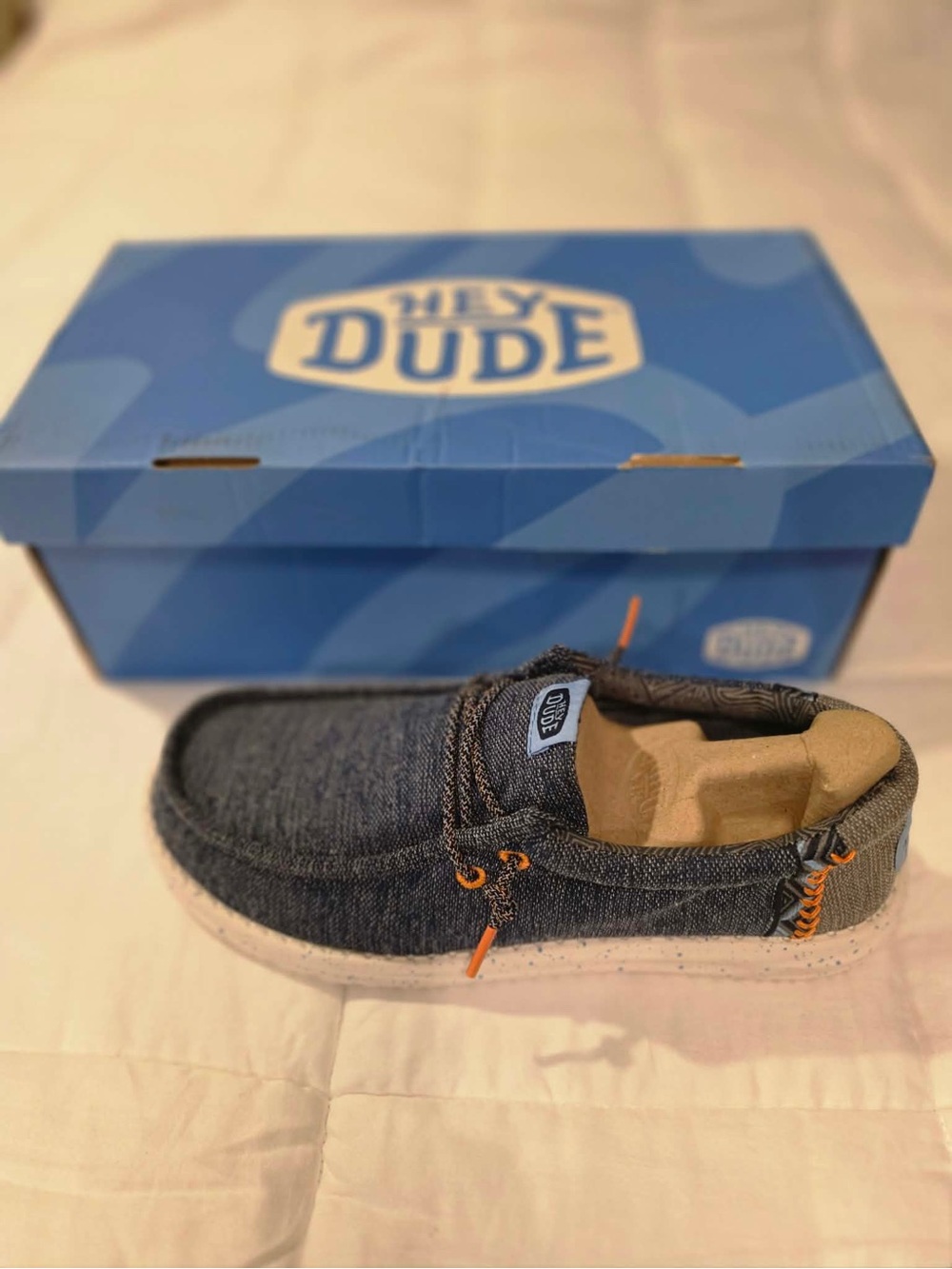 Hey Dude Blue Denim Slip-On Loafers with Orange Accents